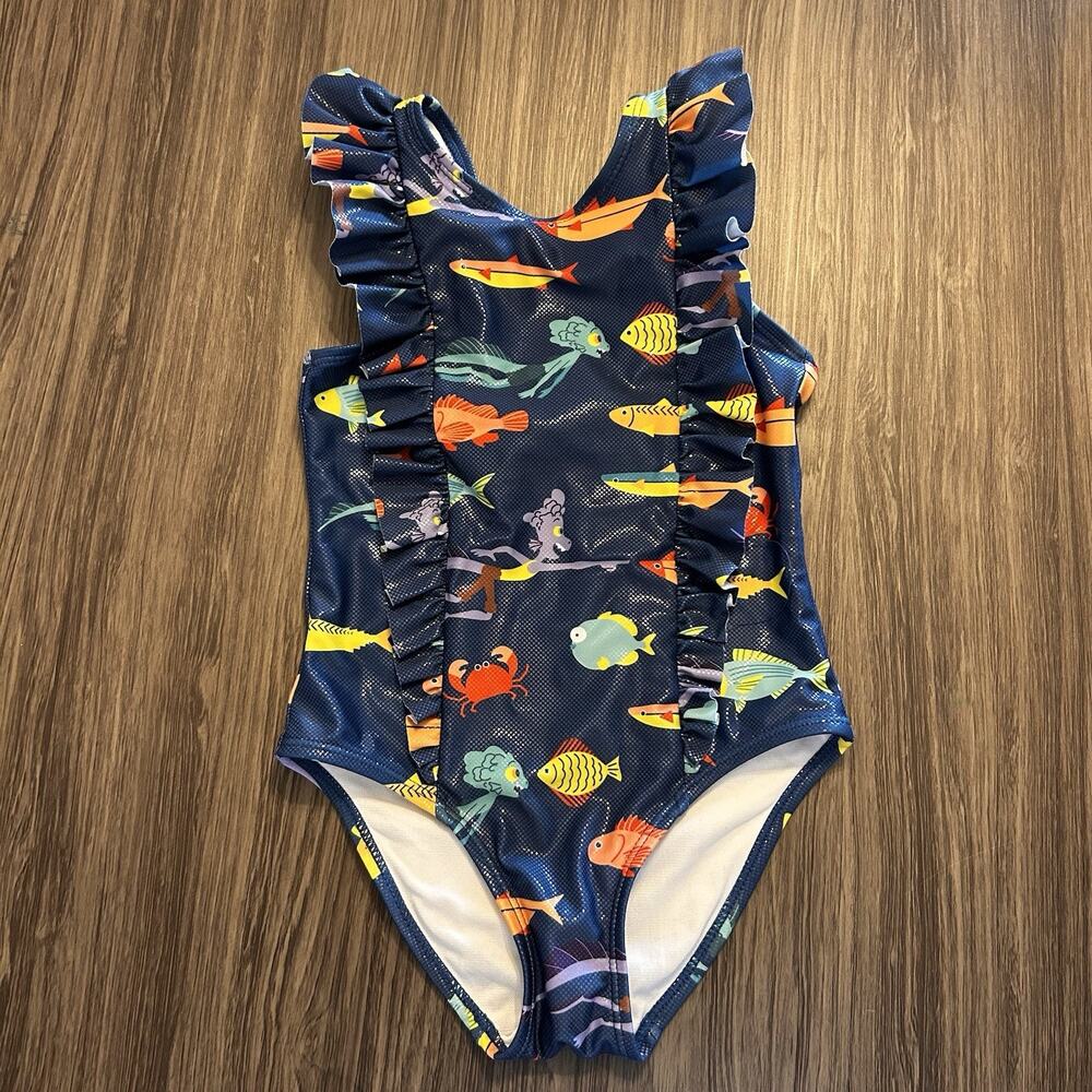 Disney LUCA Girls One Piece Swimsuit 5/6 Blue Ruffle Tropical